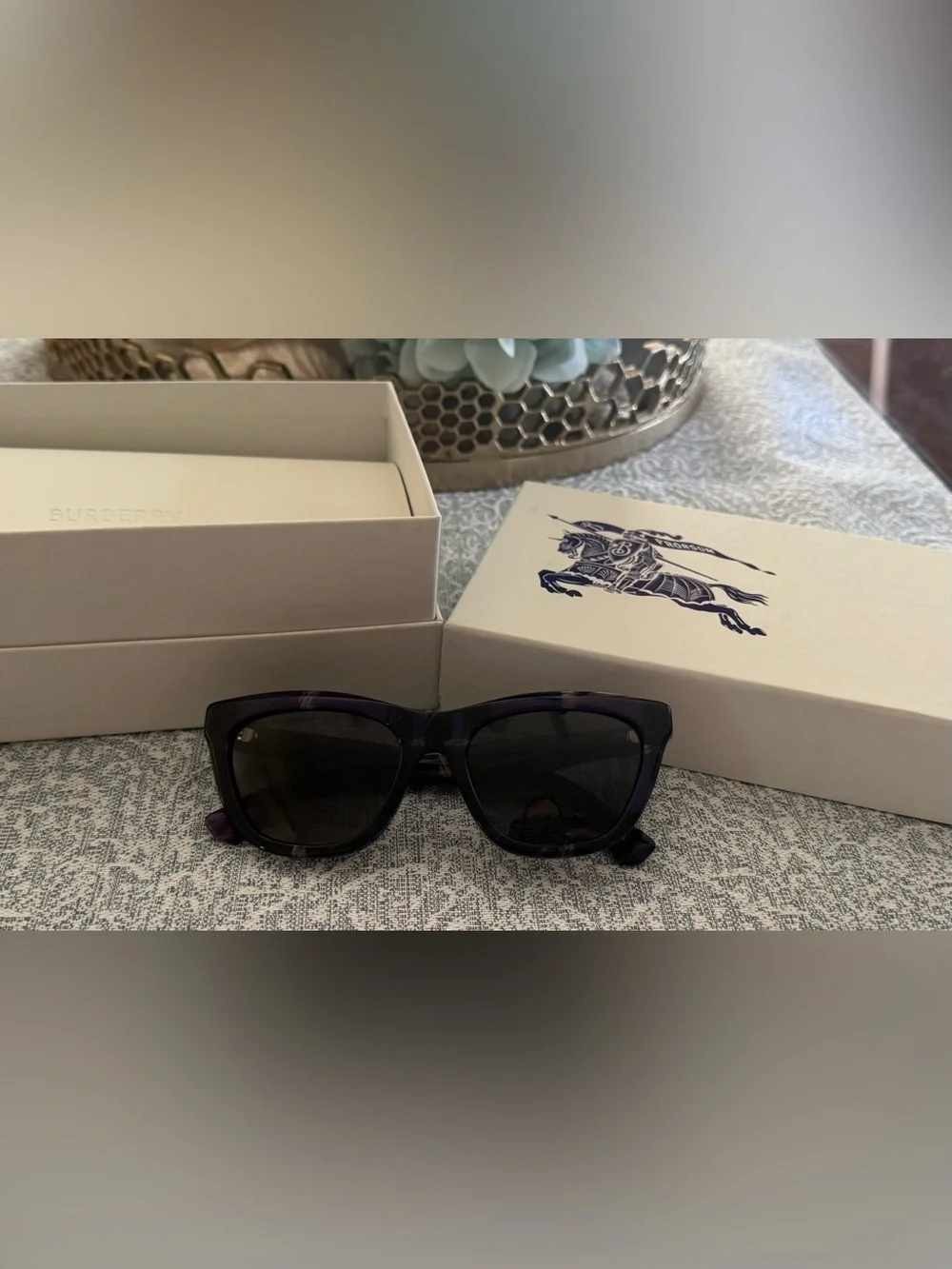 Burberry Women Sunglasses Cat Eye Purple Violet Plaid Full Inclusion /NIB