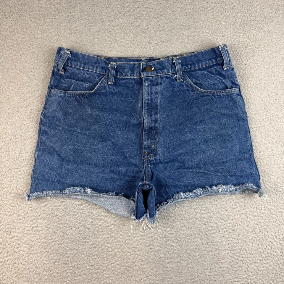 Pantalones Cortos Vintage Levi's Corte Para Mujer 14 Azul Naranja Pestaña Años 70 Denim Cintura Alta Foto 2 de 4