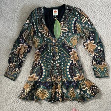 Farm Rio Jaipur Mini Dress Sz L Long Sleeve Green Black V-neck NWT $240