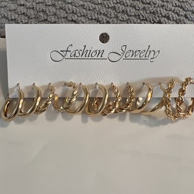 6 Pair Gold Tone Hoop Style Pierced Earrings - New In Package - Great Gift