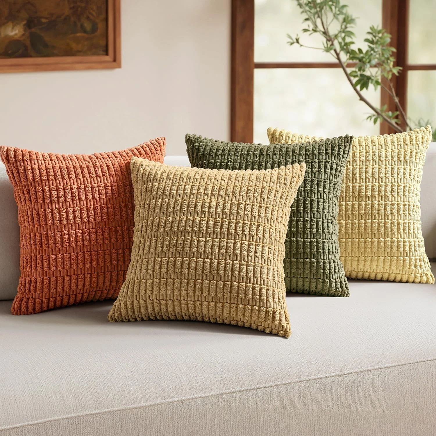 Set of 4 Boho Farmhouse Corduroy Throw Pillow Covers 18x18 - Soft Striped Decor