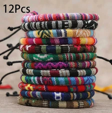 12pcs Bohemian Adjustable Unisex Bracelets Colorful Cotton Ethnic Style Set