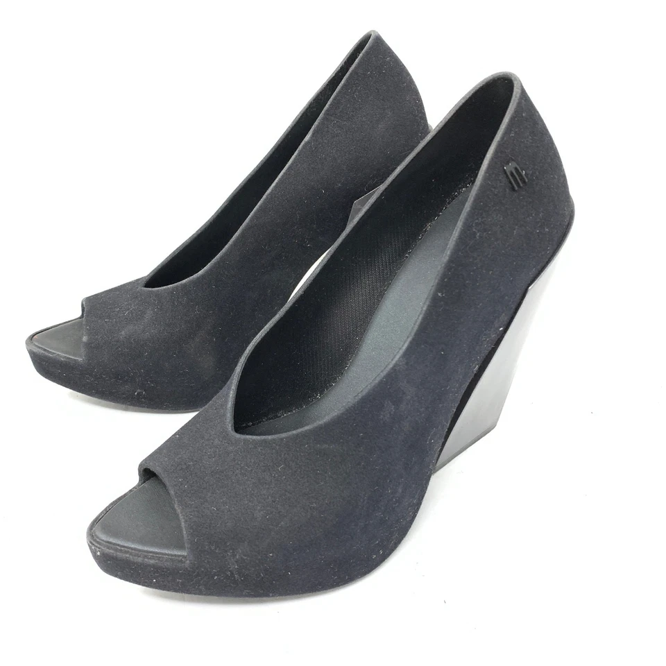 Melissa Women's Size 6 Faux Leather Heel Pump Peep Toe Black Gray *READ - Image 3 of 4