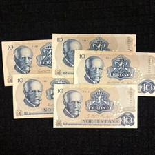 Set of 5 x Norway 10 kroner banknotes (1981-1984) P-36 - Extra fine to aUNC