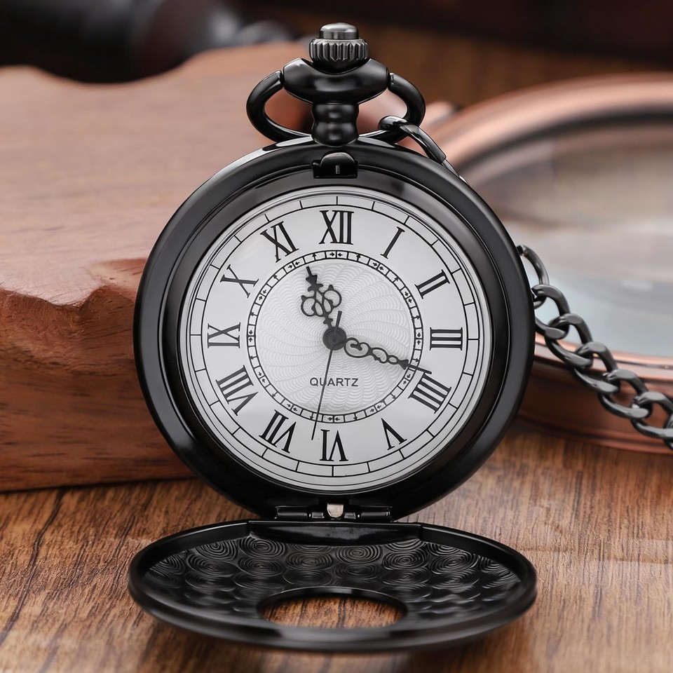 Realpoo Black Hollow Roman Covered Quartz Men's Pocket Watch,Roman CF ...
