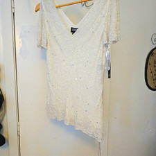 Adrianna Papell Boutique Ivory Beaded Sequin V-Neck SS Shirt Waist L