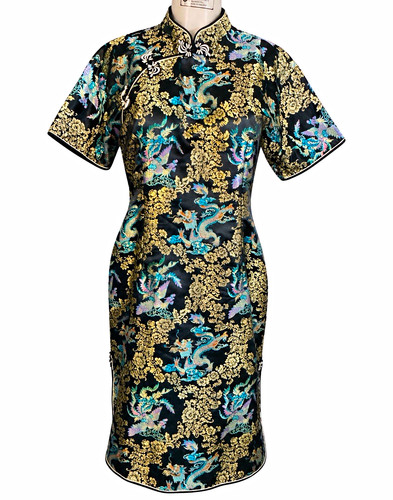 Viet Nam Import Women's Cheong-sam Black Silk Satin Dragon Brocade Dress XL