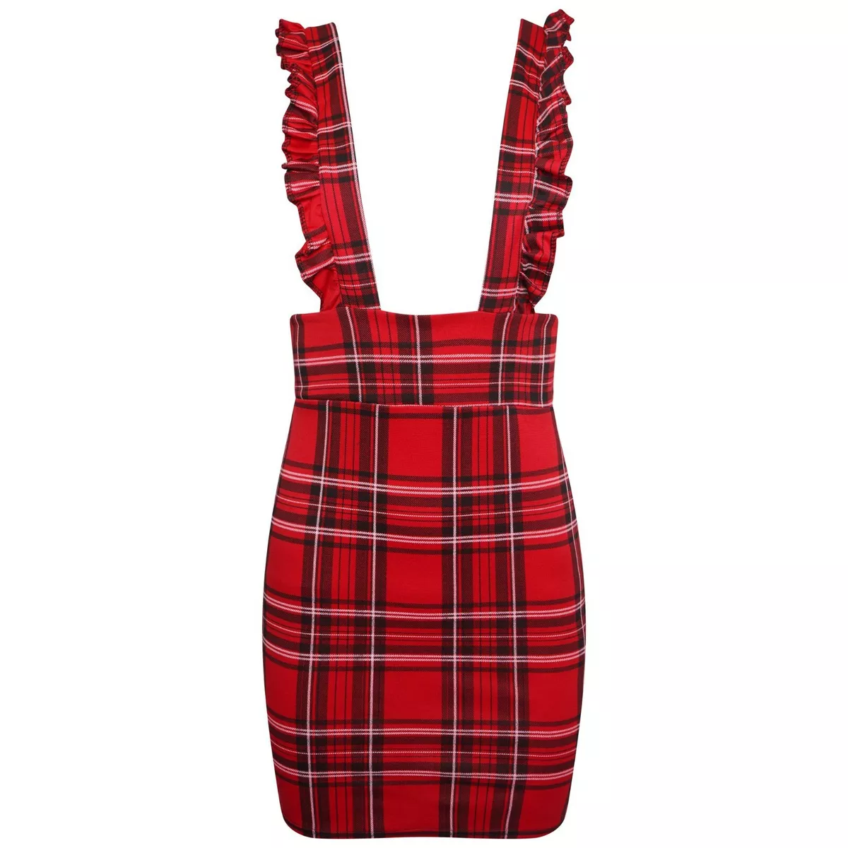 Ladies Red Checked Pinafore Mini Dress Dogtooth Print Skirt Top Dress