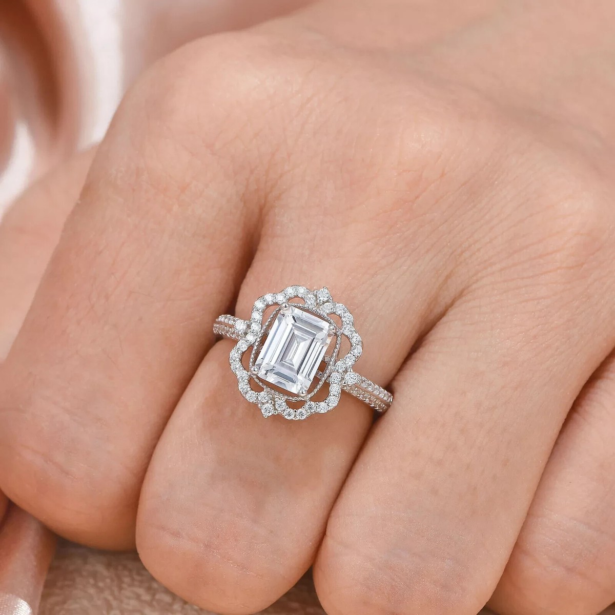 Promise Engagement Wedding Ladies Silver Ring Emerald Cut Lab Created  Diamond