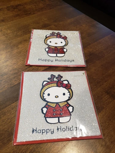 (2) PAPYRUS HELLO KITTY REINDEER ANTLERS SNOW SPARKLY CHRISTMAS CARDS Sealed