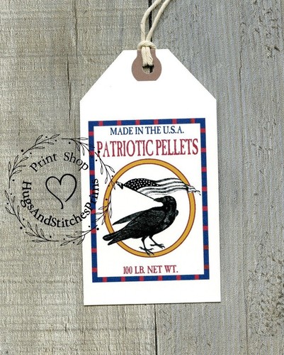 Hang Tags  PRIMITIVE AMERICANA PATRIOTIC CROW FEEDSACK TAGS #1234  Gift Tags - Picture 1 of 7