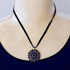 Monet black gold tone 1" beaded pendant black cord 16"