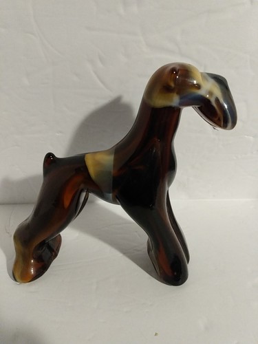 VINTAGE RARITÄT IMPERIAL KARAMELL & SCHOKOLADE GLÄNZENDES SCHLACKE GLAS AIREDALE HUND STATUE 6" - Bild 1 von 11