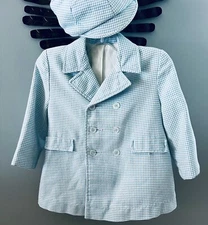 VTG Toddler Kute Kiddies Blue White Houndstooth Blue White Plaid Coat with Cap 