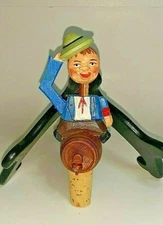 Vintage  Anri Carved Wood Cork Stopper Man On Keg Tilts Hat Mechanical NICE!