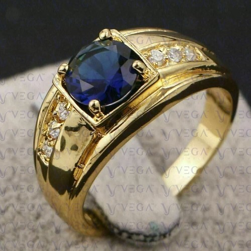 4.40CT Round Cut Sapphire & Diamond Engagement Men's Ring 14K Yellow Gold Over - Picture 2 of 5