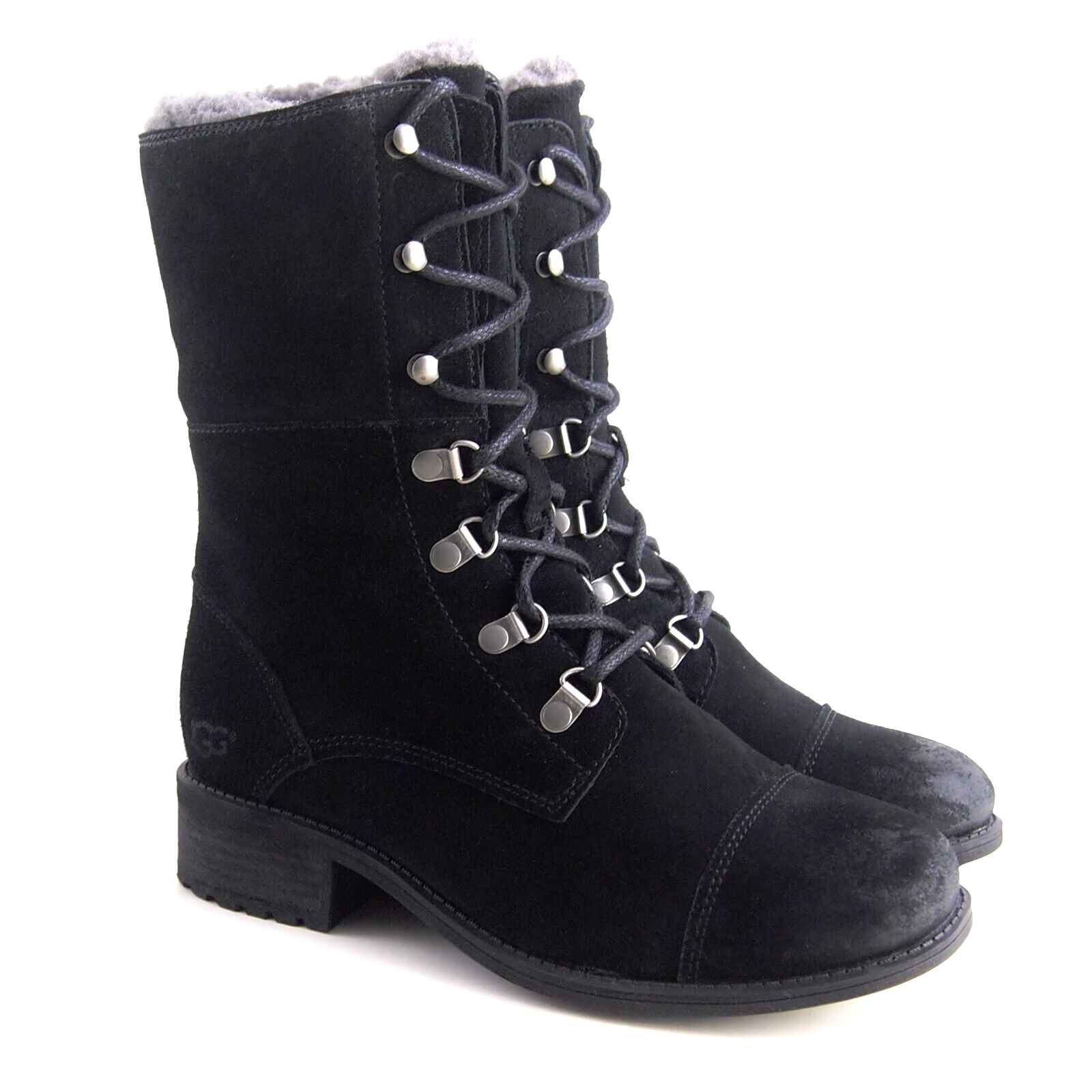 Ugg Black Suede Fur Lined Combat Boots Women's US 7 EU 38-image