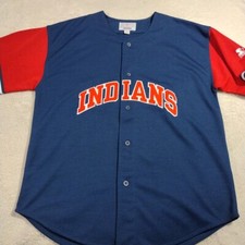 VTG STARTER Men's M Cleveland INDIANS Jersey MLB STITCH Mesh Striped Full Button