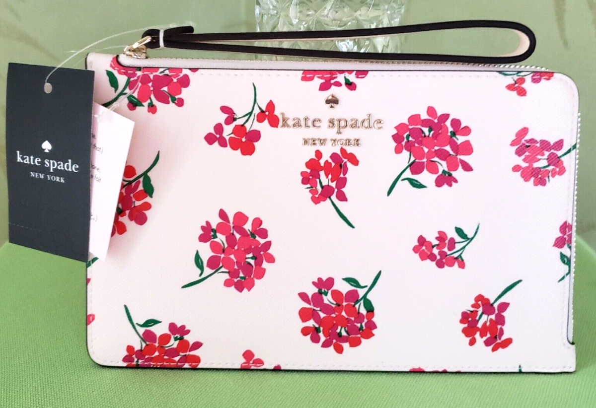 KATE SPADE STACI FLORAL MEDIUM L ZIP WRISTLET:NWT FRESH PEACH