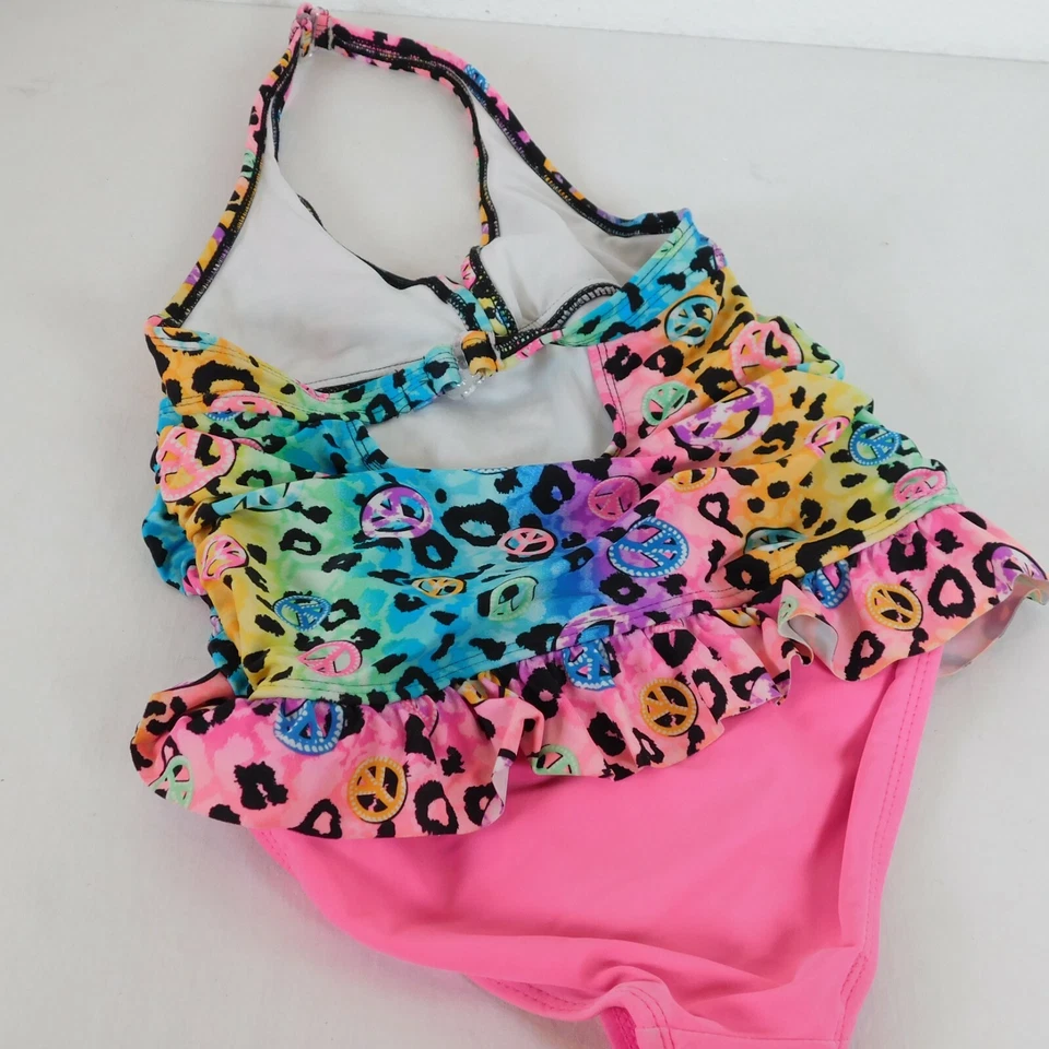 Traje de baño OP para niña talla 7/8 estampado animal con signos de paz halter parte superior rosa inferior Foto 3 de 4