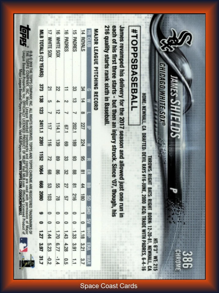 2018 Topps Chrome Sapphire Edition #386 James Shields - Image 2 of 2