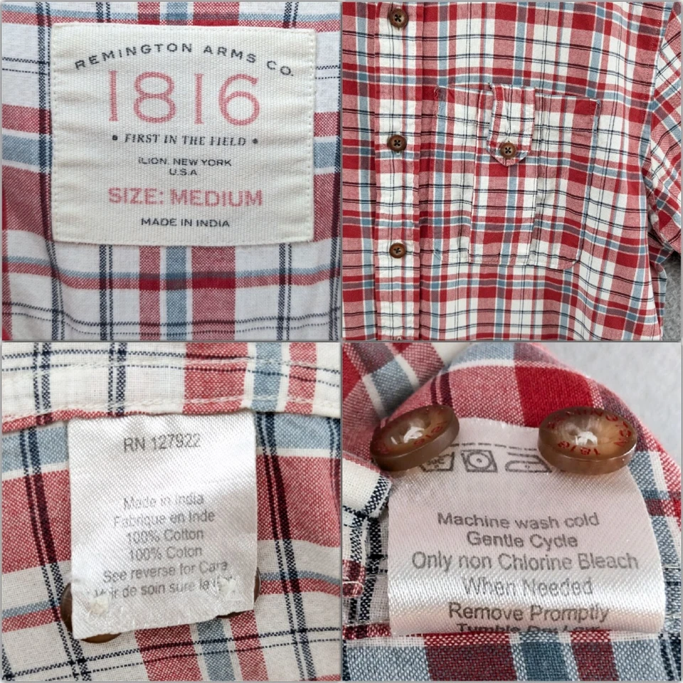 Camisa Remington Arms 1816 Para Hombre Roja Blanca Cuadros Manga Corta Algodón Talla M Foto 4 de 4