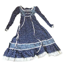 Vtg Gunne Sax Blue Calico Midi Dress Lace Prairie sz XS Cottagecore Bust 26