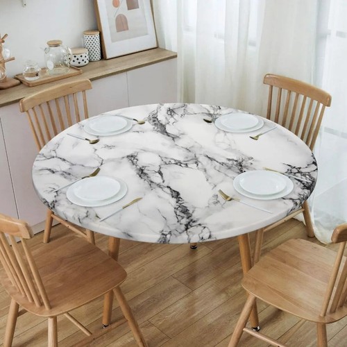Marble Texture Oilproof Table Cover Fitted Abstract Art Backing Edge Tablecloth - Picture 26 of 45