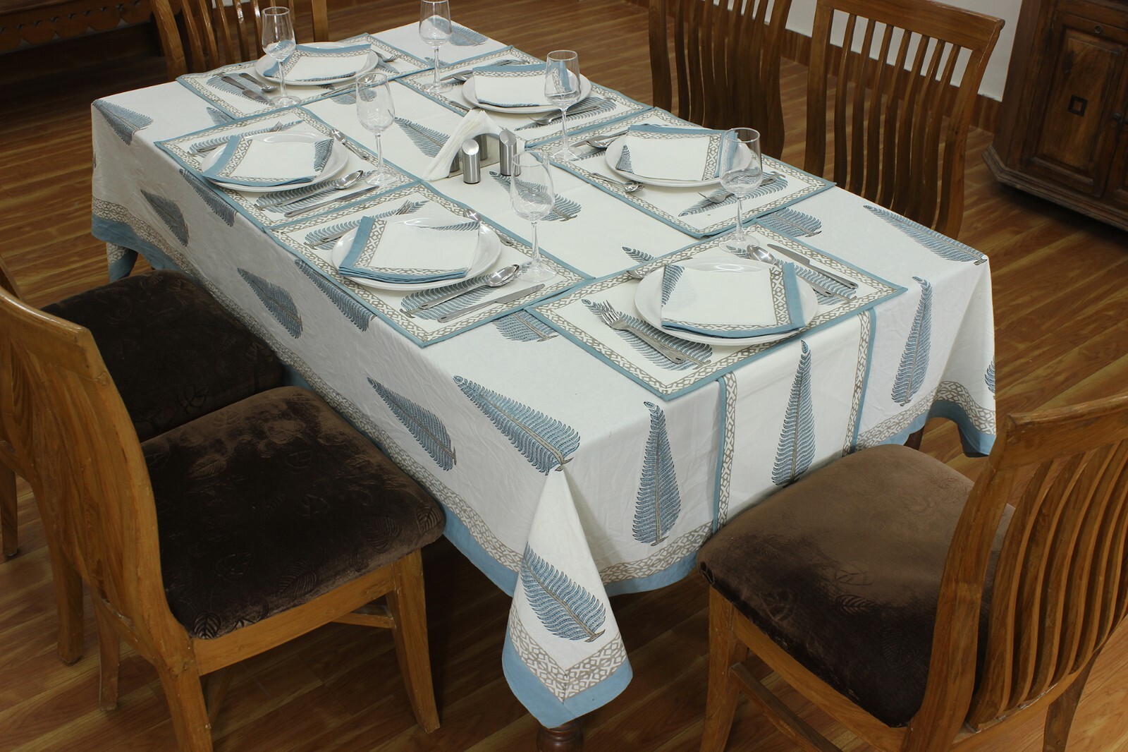 White Blue Indian Hand Block Floral Cotton Tablecloth Gift