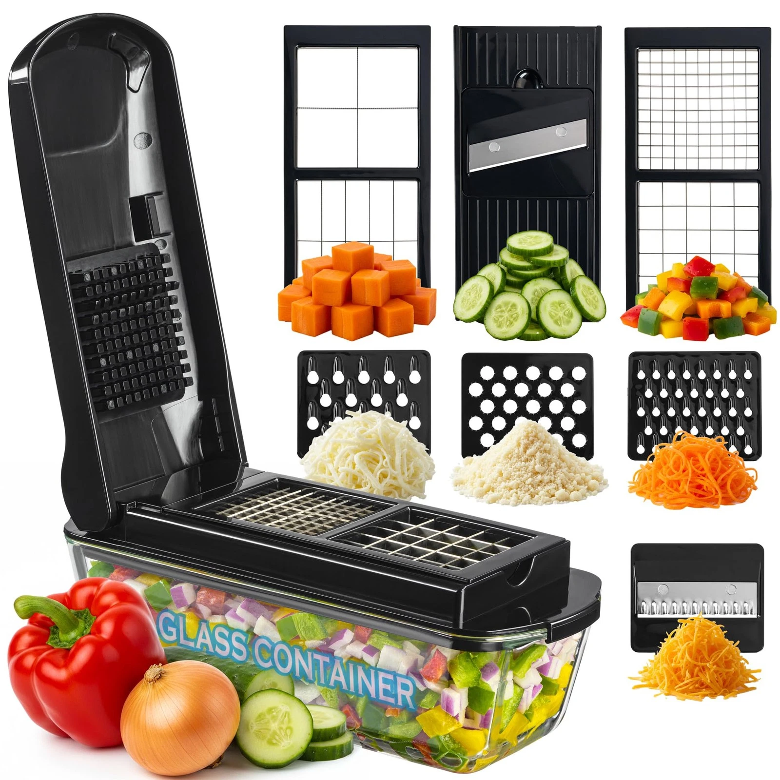 13-in-1 Vegetable Chopper Pro with Glass Container, Stainless Steel Blades, B...