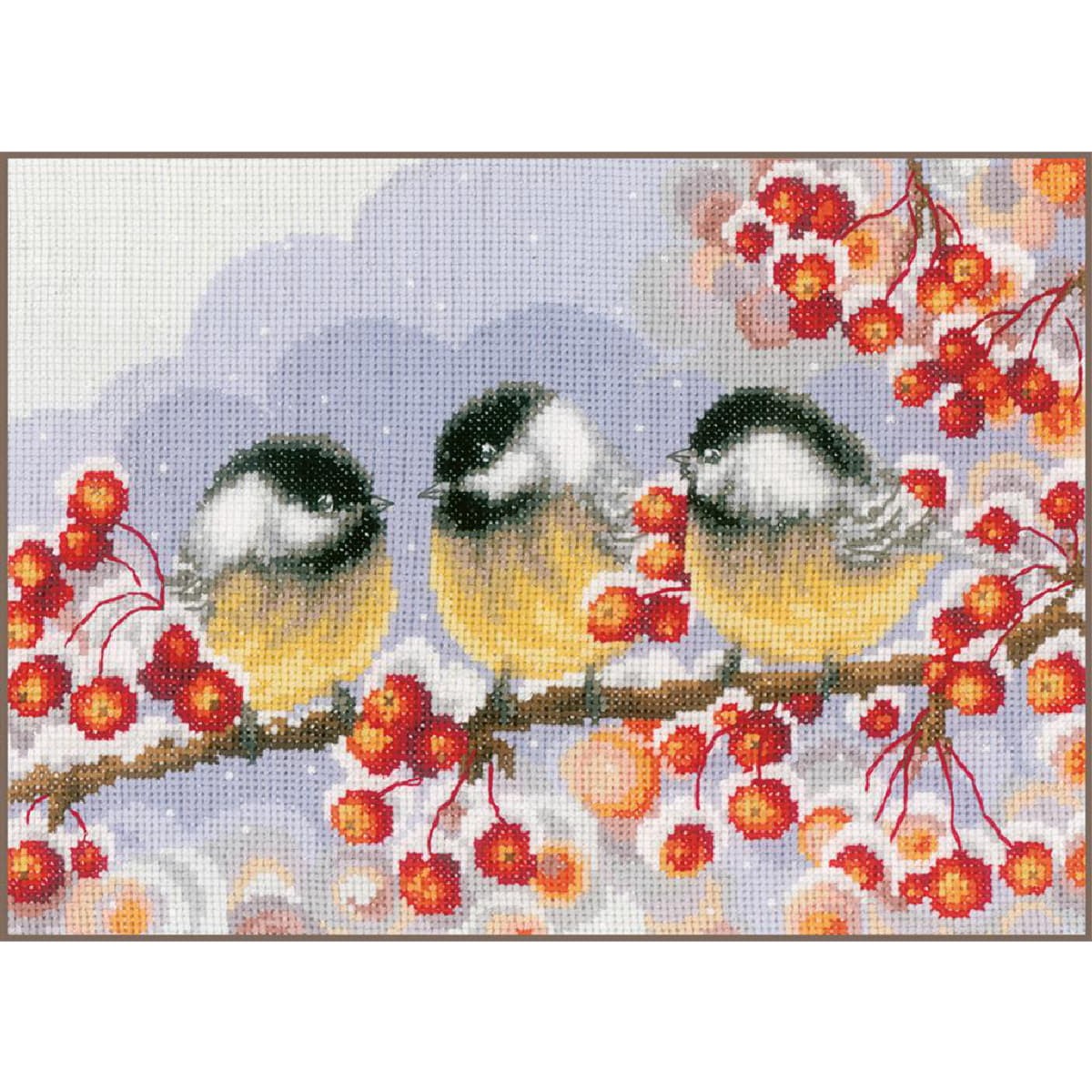Vervaco counted cross stitch kit ""Chickadees among berries"", 27x19cm