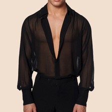 Chemise Légère Transparente Chiffon à Boutons Noir Homme Manches Longues