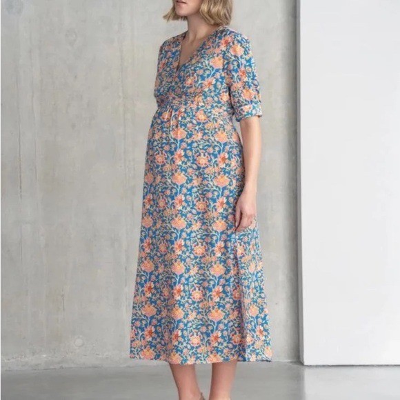 seraphine navy blue pleated maternity dress Seraphine Maternity Noemi Pleat Detail A-Line Blue Floral Midi Dress US  Size 14