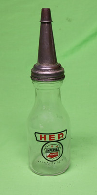 Vintage HEP IMPERIAL REFINERIES Clayton MO - Glass 1 Quart Oil Bottle & Spout