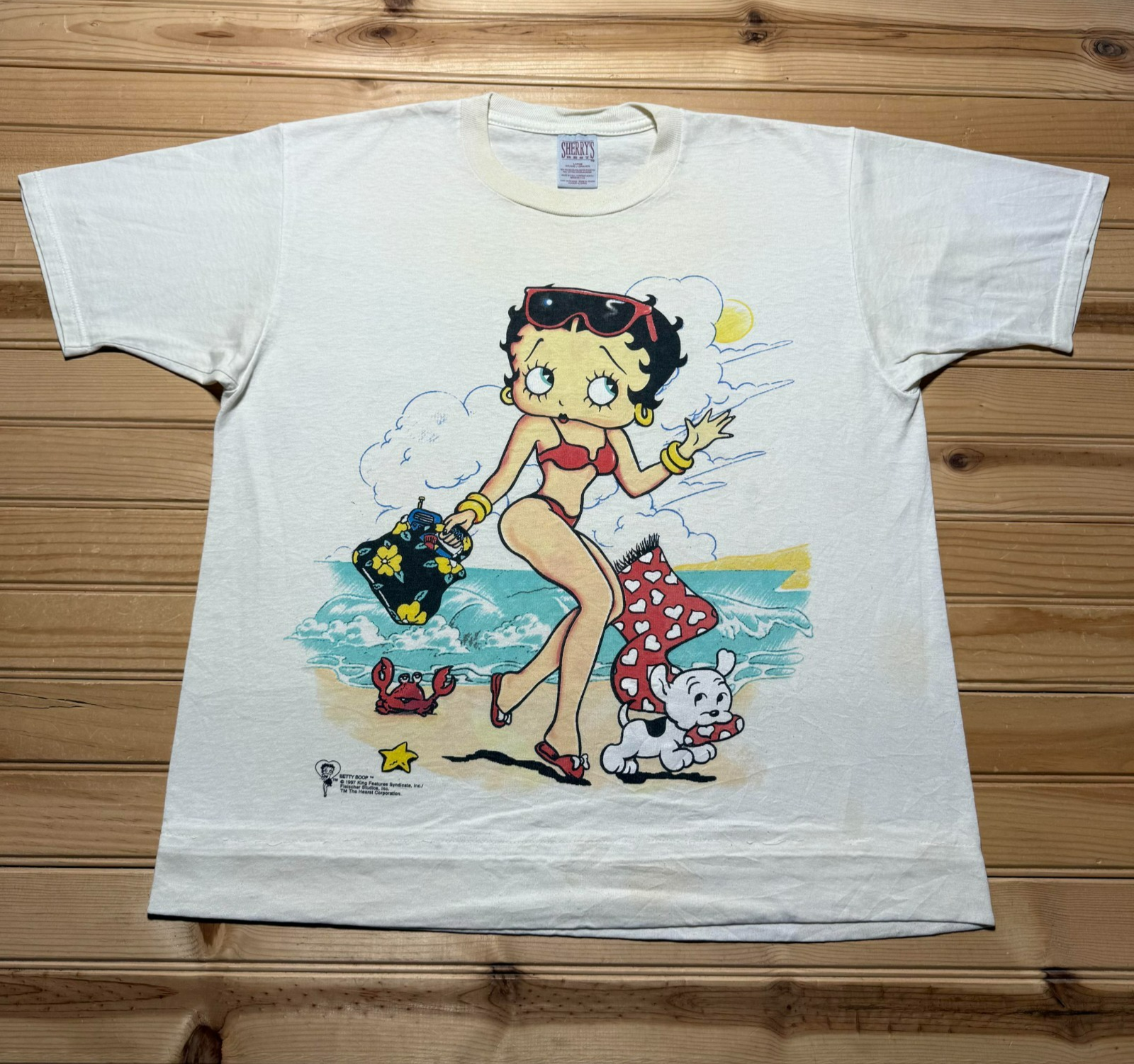 Vintage 1997 Betty Boop Cartoon Tropical Beach Summer Souvenir Shirt USA - Large