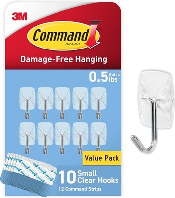 Command Small Clear Wire Toggle Hooks, 10 Wall Hooks and 12 Command Strips