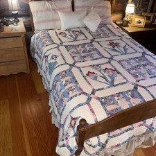 Queen Size Blue Pink, Floral Hand Quilted 81 X 81 Floral Cotton Purple