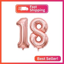 Rose Gold 18 Number Balloons, 40 Inch Giant Number 18 Balloons Foil Mylar Helium