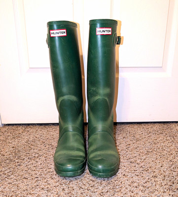 Hunter Waterproof Knee High Rubber Rain Boots Green Buckle Logo US 9 UK 7