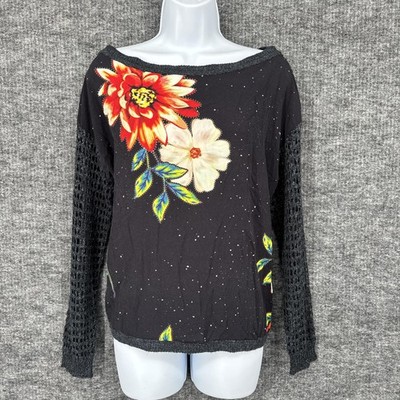FARM Sweater Womens S Multicolor Floral Boat Neck Crochet Open Sheer Knit Top