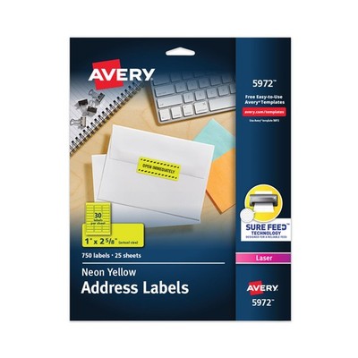 Avery? High-Visibility Permanent ID Labels, Laser, 1 x 2 5/8, Neon Yellow, 750/P