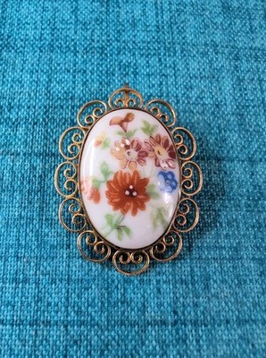 Limoges France Vintage Porcelain Flowers Design Gold Plated Brooch/Pin/Pendant