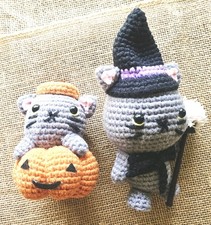 2 Crocheted Halloween Amigurumi Dolls 7" Gray Cat Witch, 4" Pumpkin Mouse Plush