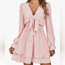 *LYANER Women's Tie Front Plunge V Neck Ruffle Layer Long Sleeve Sexy Mini Dress