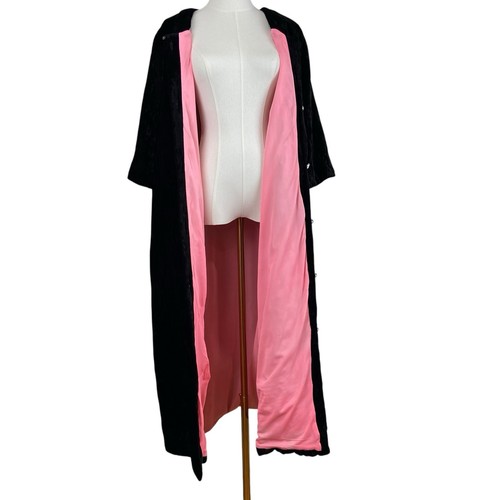 Vintage 60s MOD Black Quilted Velvet Pink Lined Dressing Gown Robe Womens Size M - Picture 7 of 22