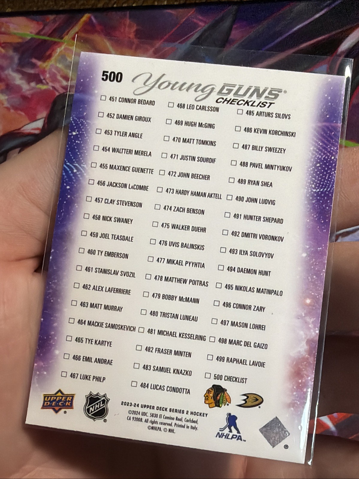 2023 Upper Deck Connor Bedard & Leo Carlsson Young Guns Checklist #500 view 3