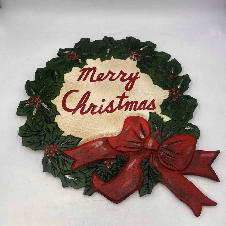 "Letrero de Feliz Navidad vintage tallado a mano madera colgante corona puerta 15""x17""" Foto 2 de 4