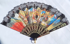 Vintage Spanish Folding Hand Fan Black Lace Bullfighting Flamenco Espa a Tipica