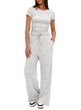 Women's 2 Piece Set Outfits Lounge Sets Ruched Short Sleeve Tops High Waisted...