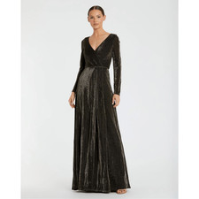 Mac Duggal NWT Long Sleeve Faux Wrap A-Line Gown in Black Gold Size 4